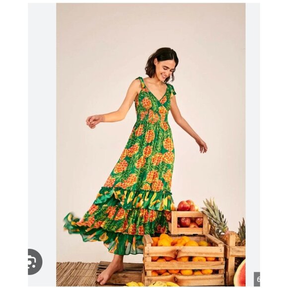 Farm Rio Pineapple Galore Dress Womens Medium Green Maxi Smocked Boho Ruffle Tie - Picture 1 of 5
